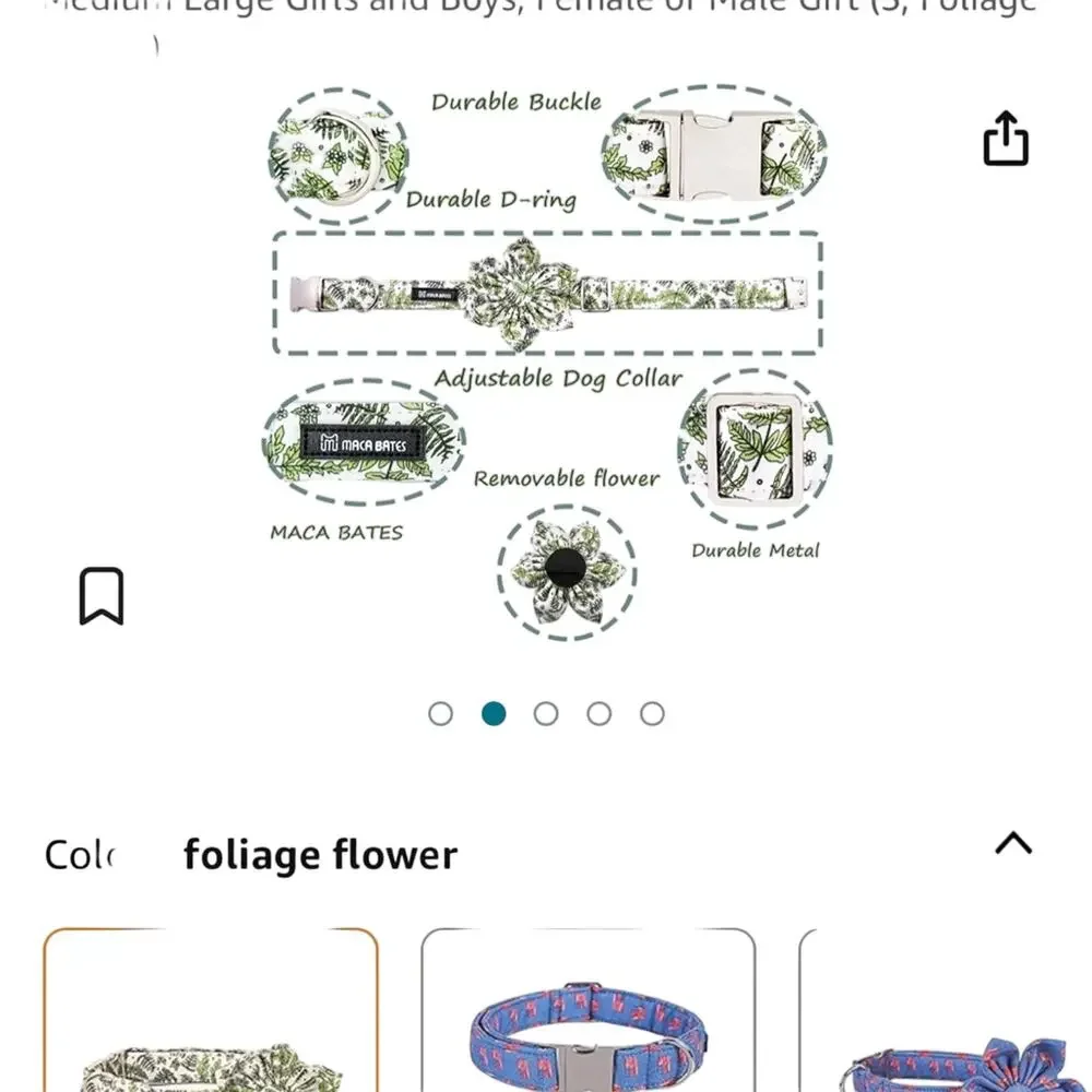 Maca Bates Green Foliage Adjustable Collar with Removable Bow Large Dog